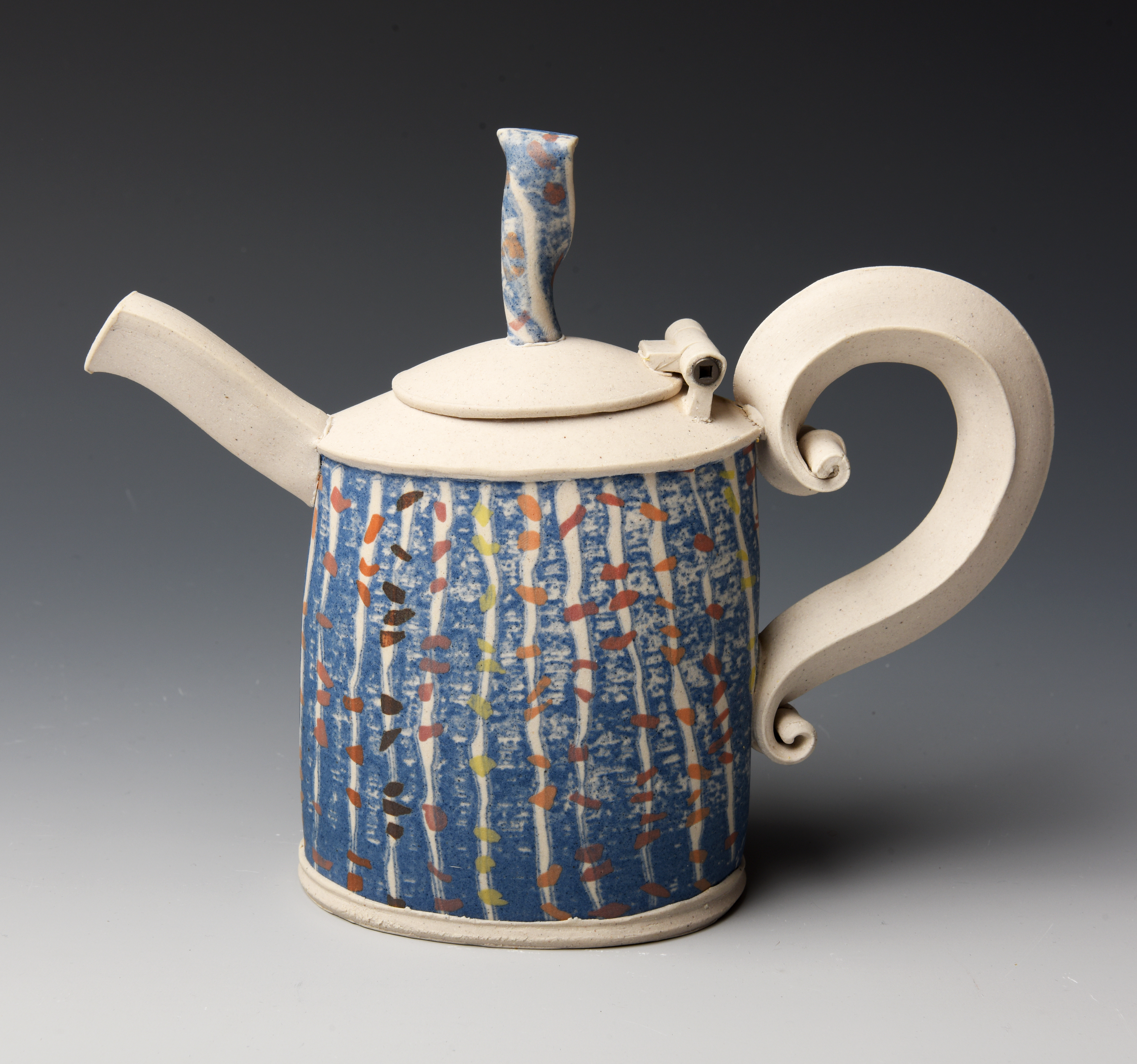 Hayne Bayless, Small Blue Teapot with Hinge Lid, White stoneware, extrusions and slabs, cobalt slip and inclusion stains, metal hinge pin, cone 10 gas reduction, 6.5h 8w 3d