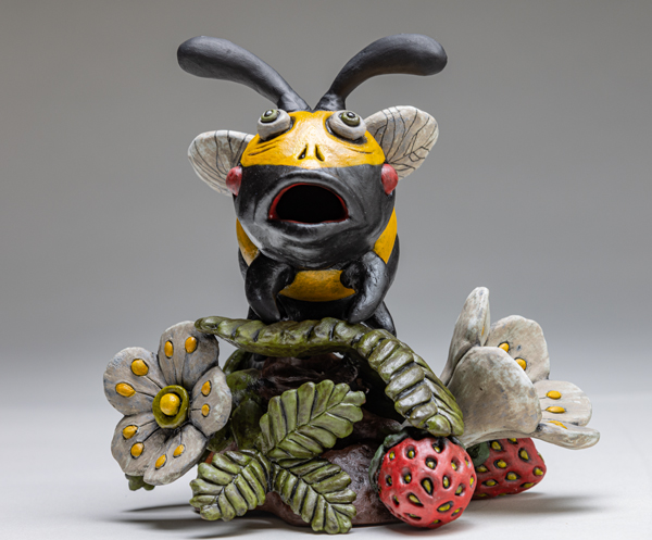 Julie Woodrow - SECOND RUNNER UP: Bee Rhyton (with stand and funnel), 8 in. (20 cm) in width, white stoneware, Amaco Velvet underglazes, clear glaze, fired to cone 6 in an electric kiln, Apoxie clay, steel wire, acrylic gouache, 2022. Photo: Mark Steele.