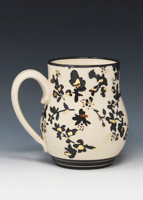 Mandy Henebry: Gold Flowers, 4.75 in. (12 cm) in height, stoneware, black colored clay, premium gold luster, fired to cone 5, 2022.