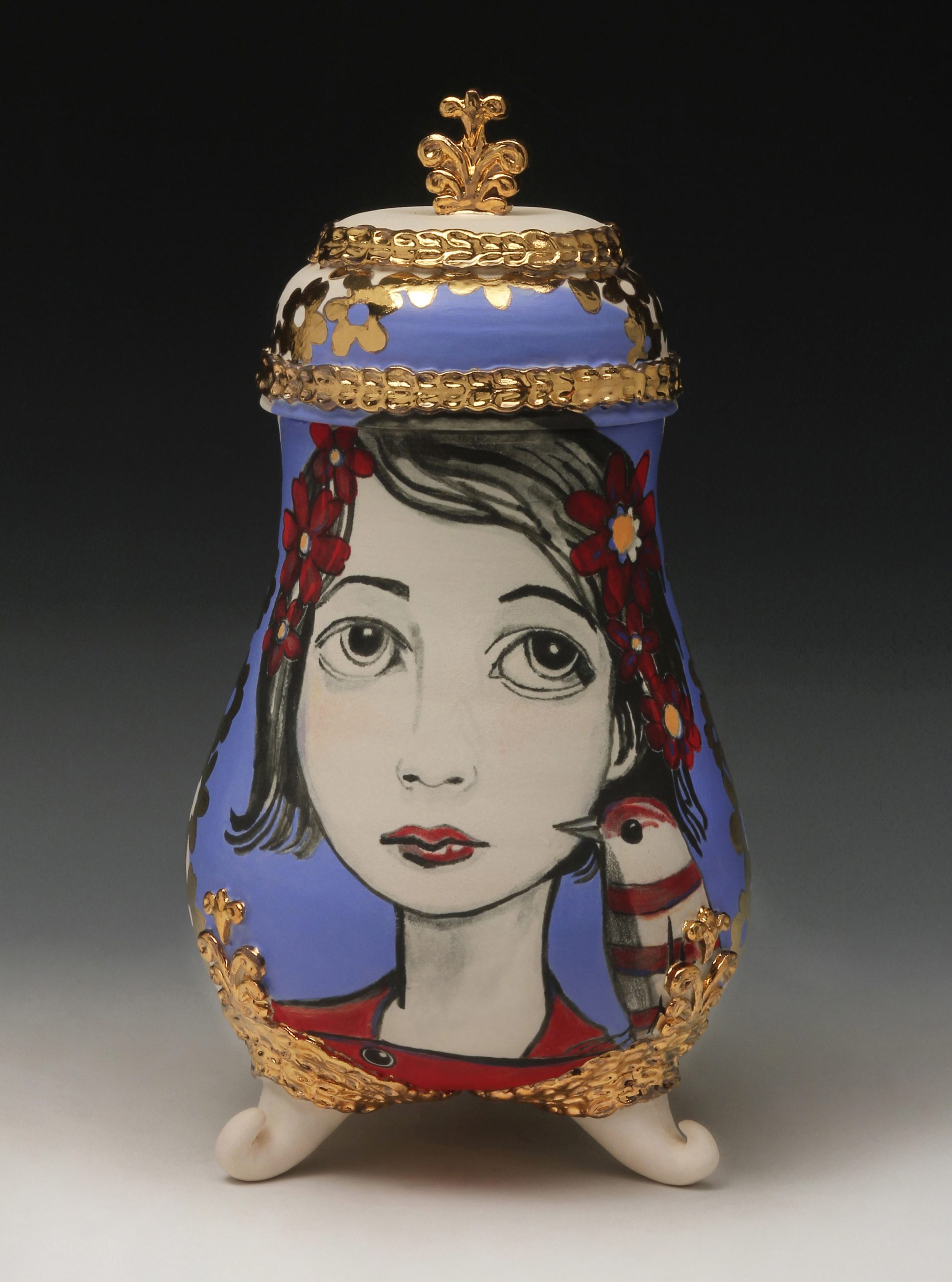 Kimberly Cook, Me and My Teabird, 11 in. (28 cm) in height, porcelain, underglaze, fired to cone 6, gold luster