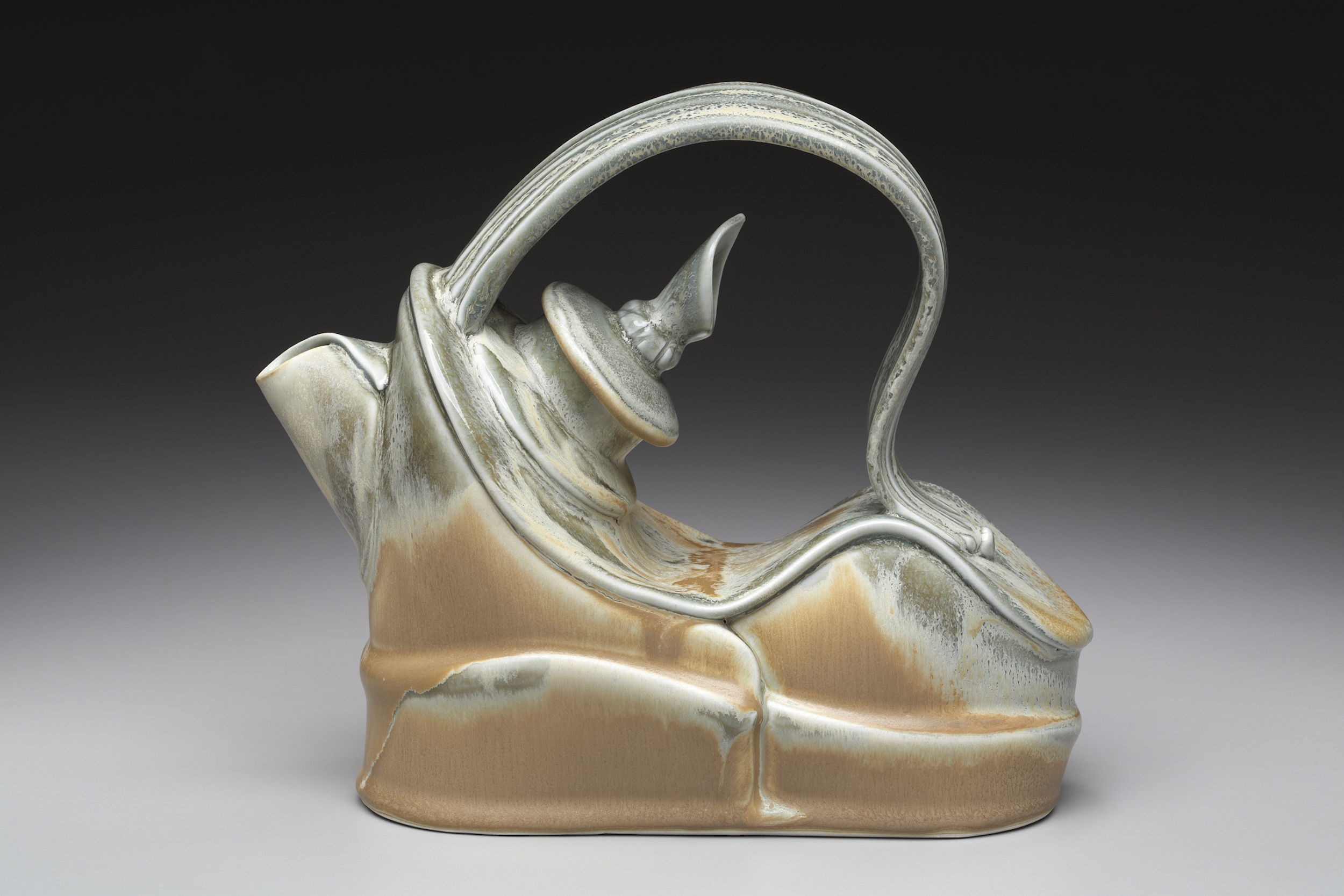 Marion Angelica, Flat Iron Teapot, 8 in. (20 cm) in length, Grolleg porcelain, fired to cone 10 in reduction